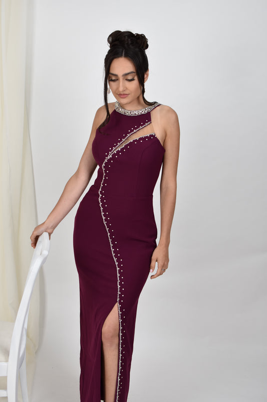 Rochie cu detalii de pietricele si decolteu halter murdum