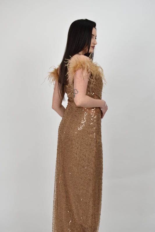 Rochie aurie cu pene