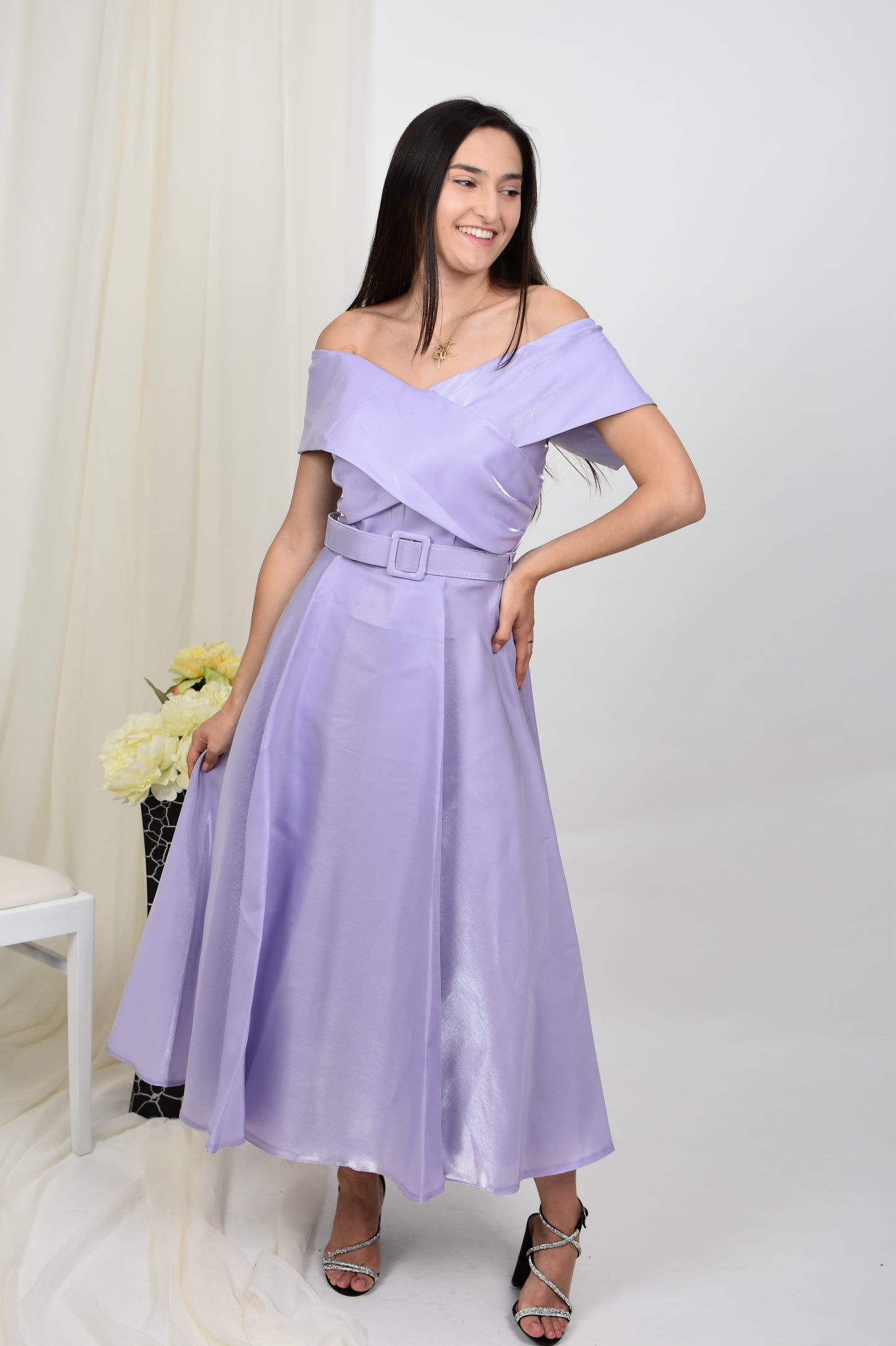 Rochie midi cu umeri goi, stil clasic, lila