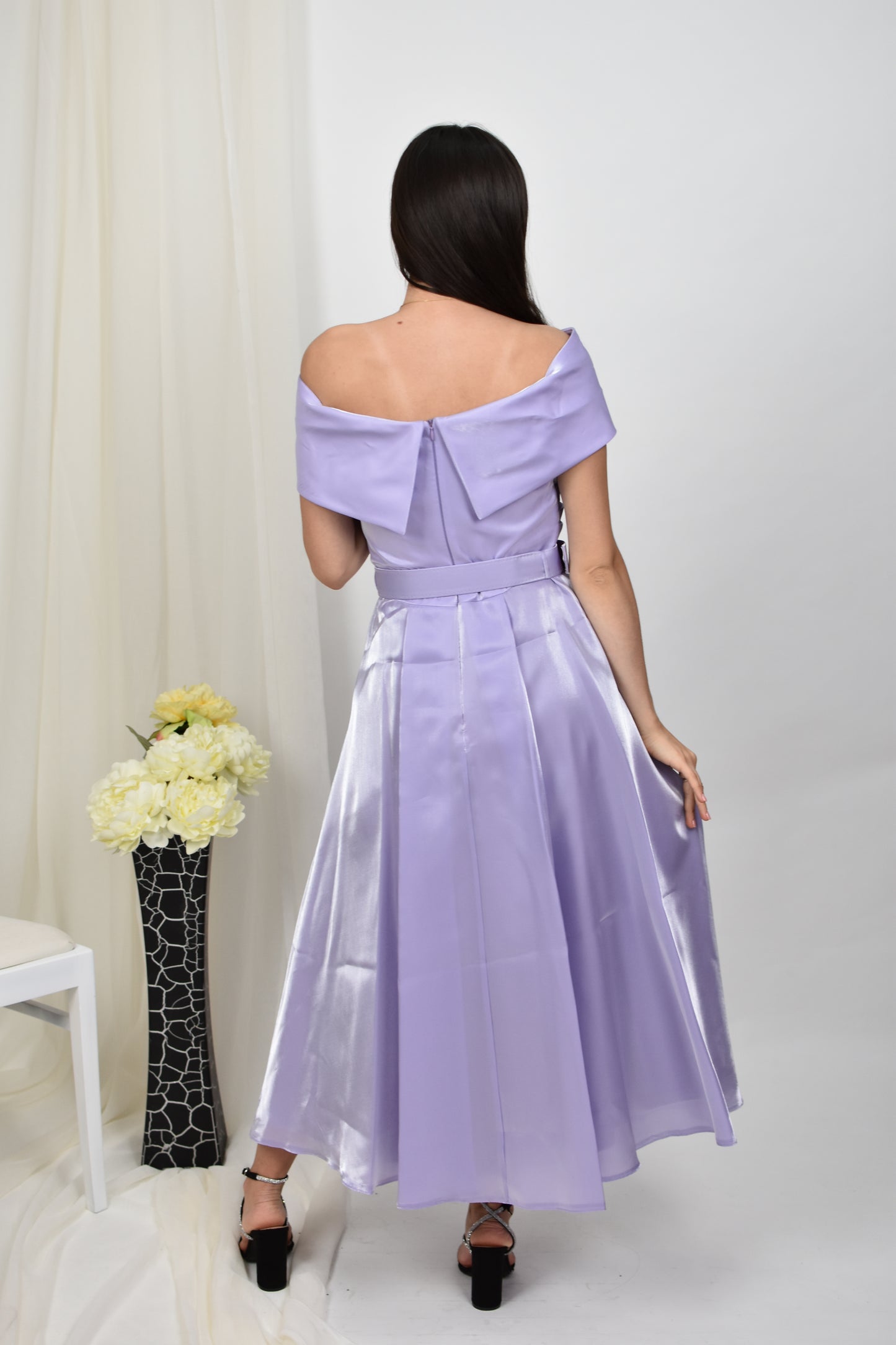 Rochie midi cu umeri goi, stil clasic, lila
