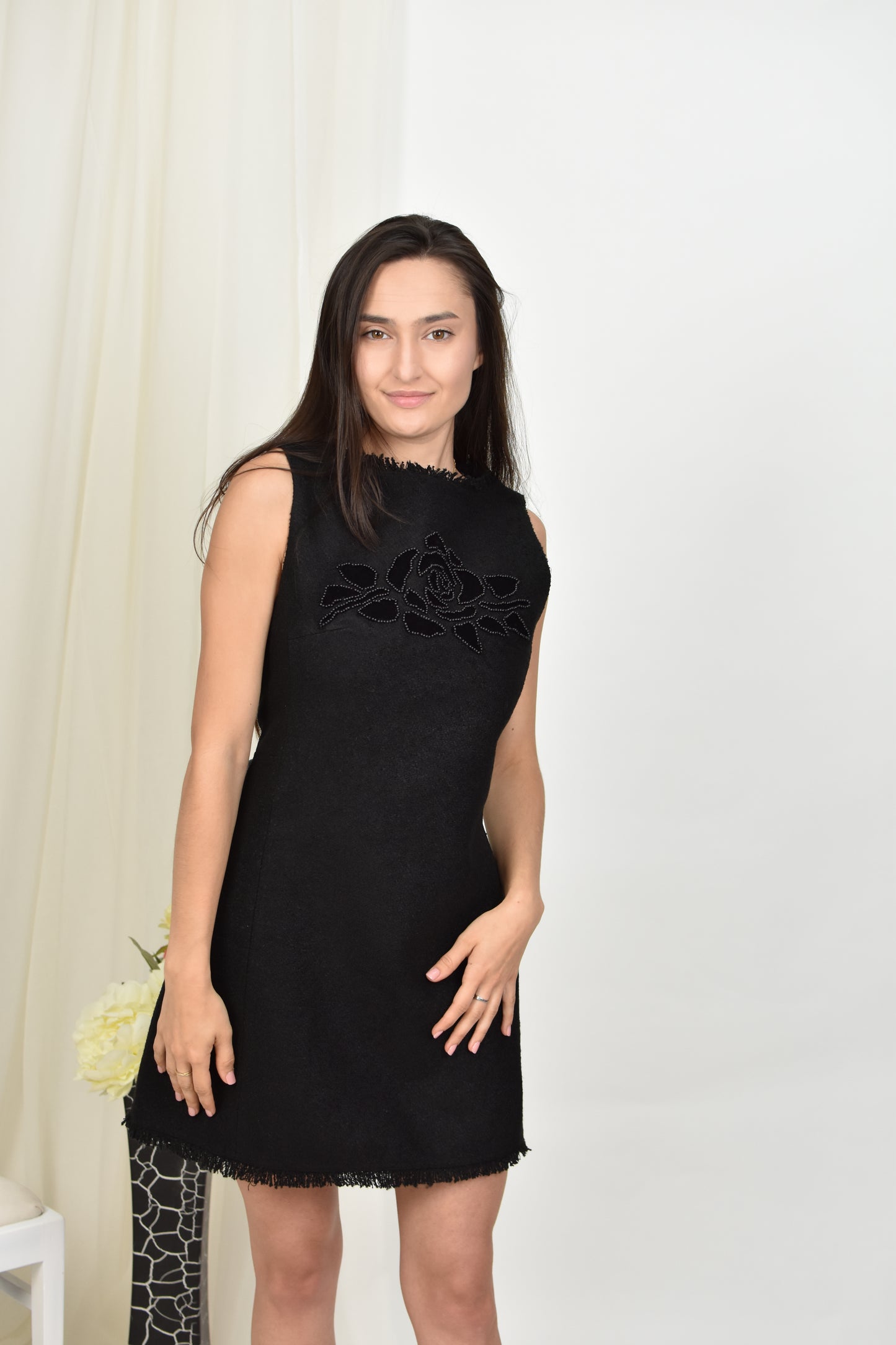 Rochie scurtă neagra cu imprimeu din tweed