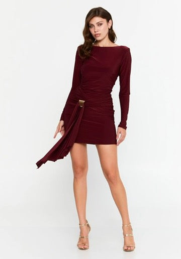 Rochie scurta burgundi cu aplicatie aurie