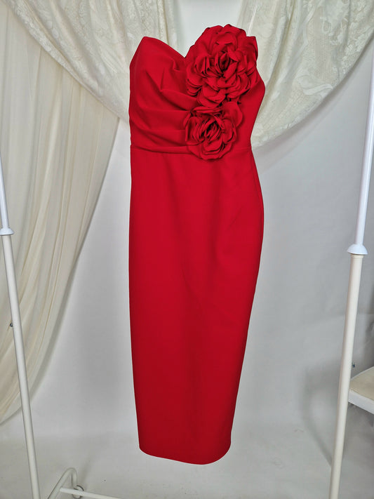 Rochie roșie de seară midi fără bretele