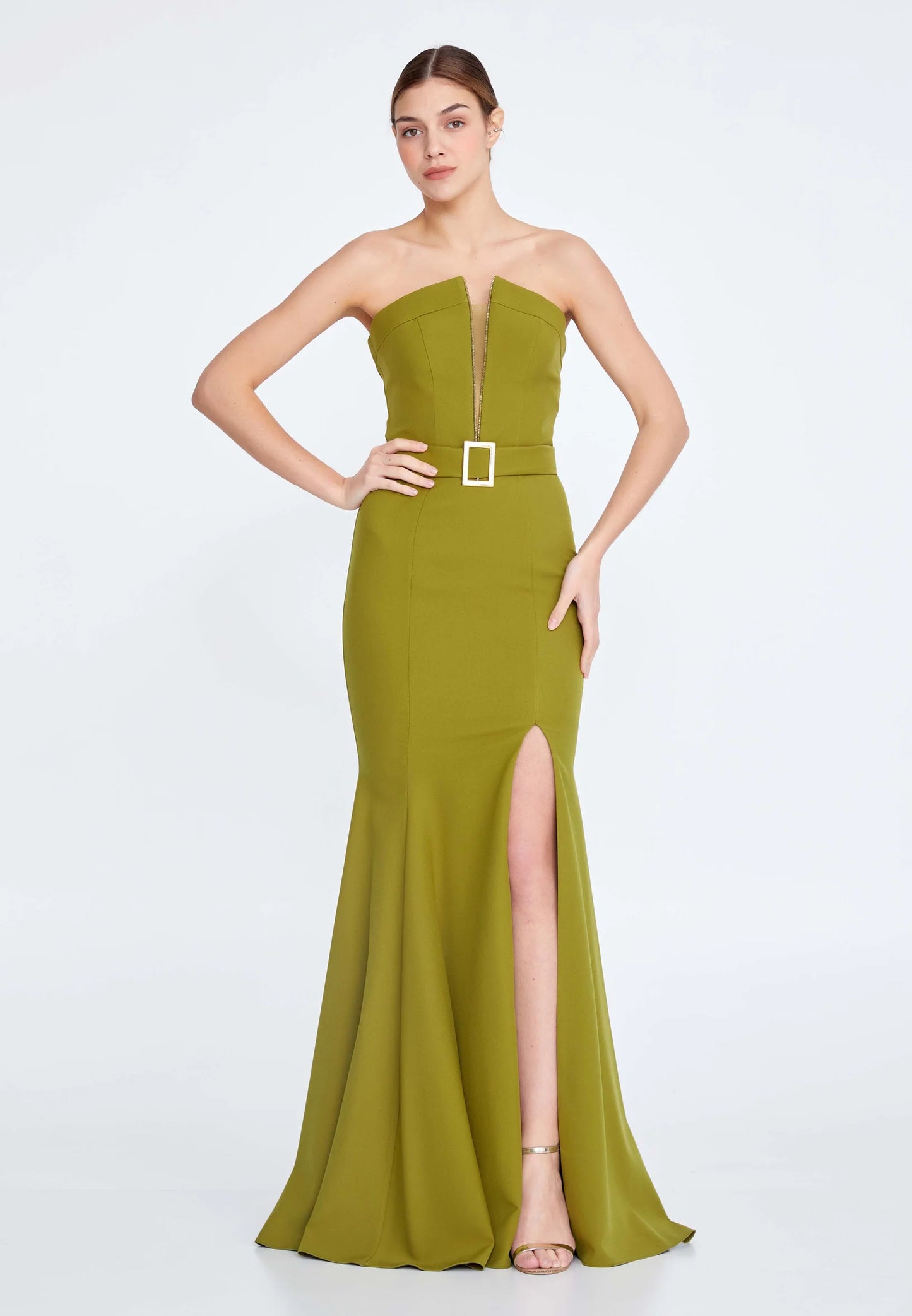 Rochie de seară fără bretele, tip sirenă, verde sau olive