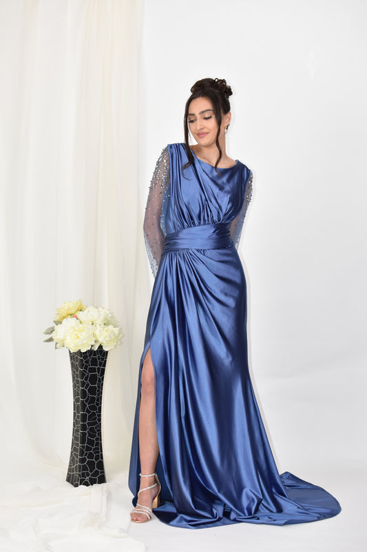 Rochie de seara cu maneci cu detalii de pietricele