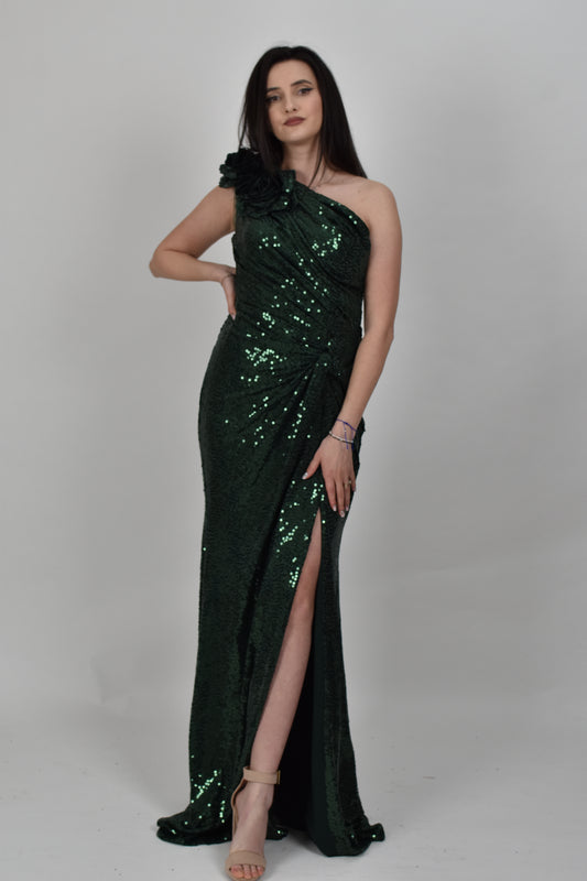 Rochie de seara cu paiete verde smarald pe un umar