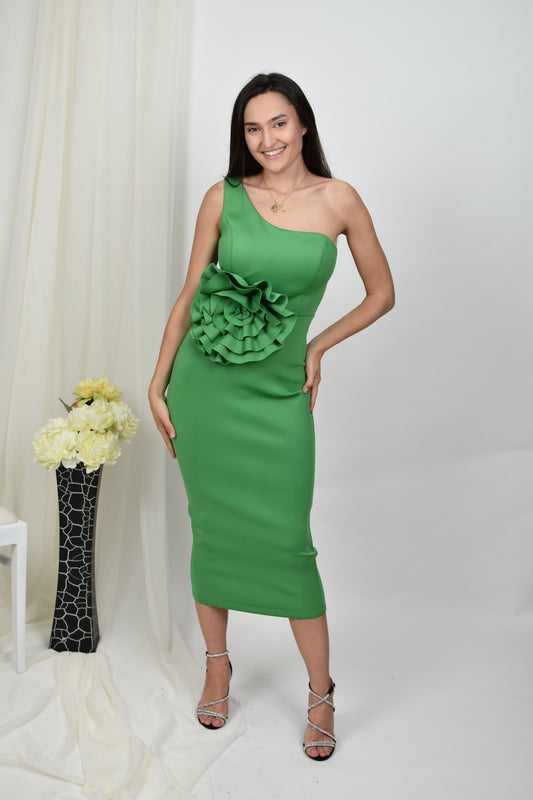 Rochie midi pe un umăr, stil clasic, cu floare, verde