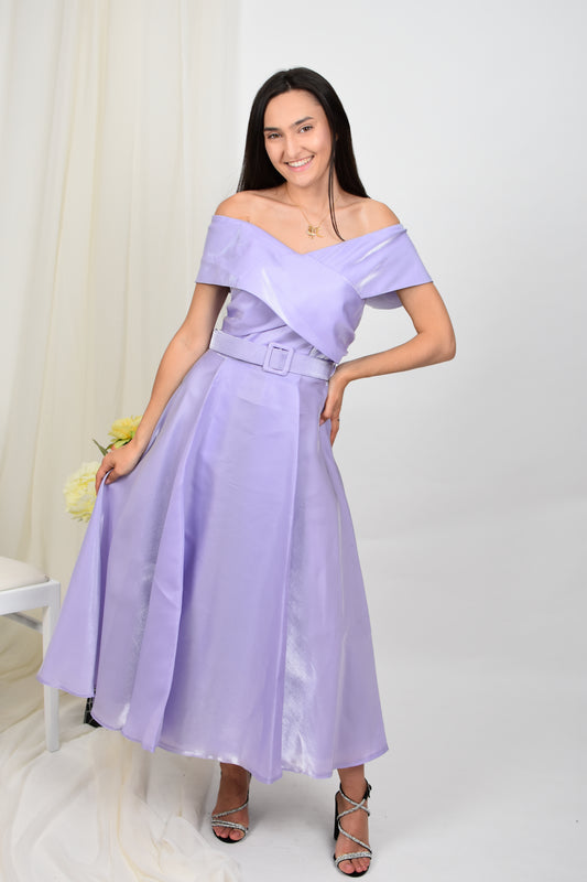Rochie midi cu umeri goi, stil clasic, lila